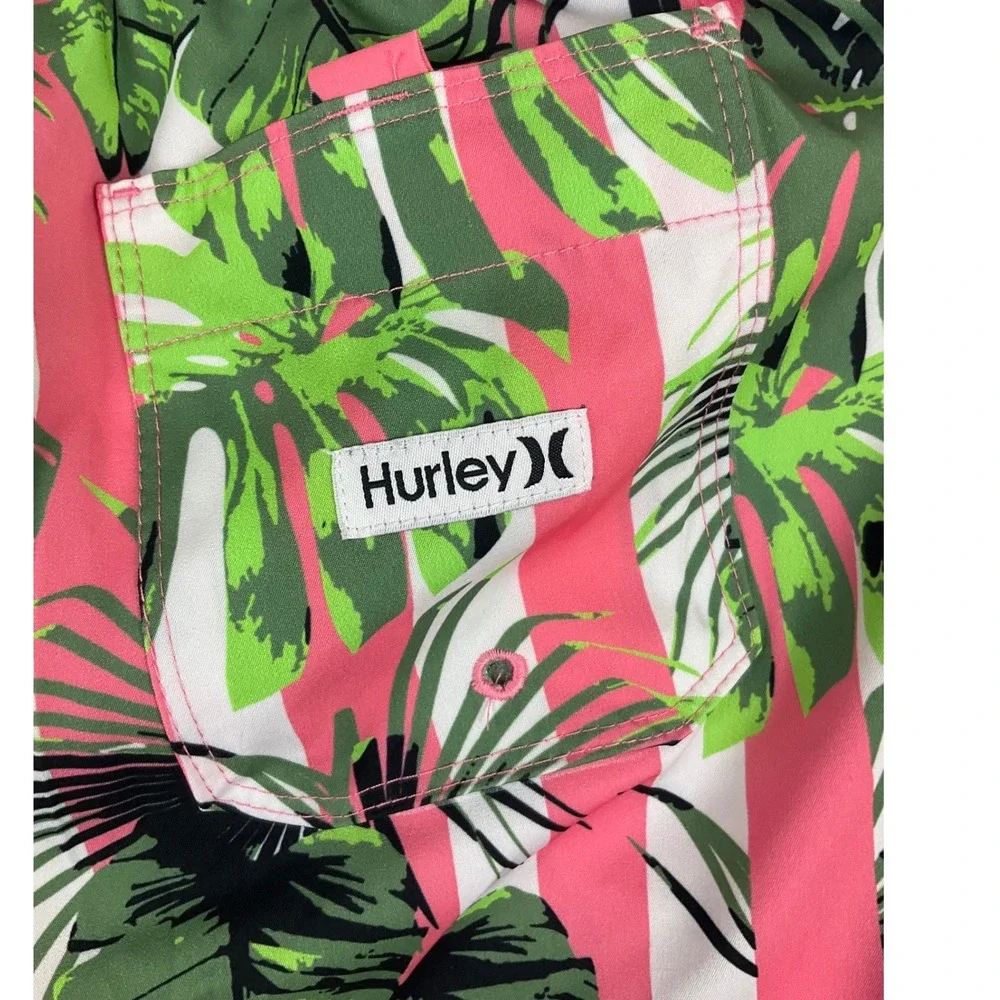 Hurley Boys Pink Tropical Stripe 4-Way‎ Stretch Swim Trunks Board Shorts Large L